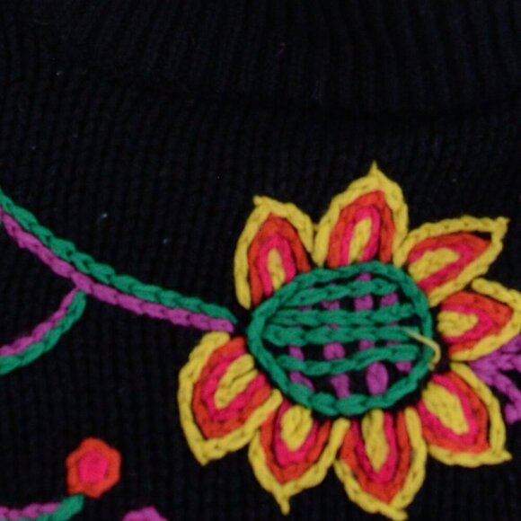 Vintage St Michael Black w Embroidered Floral Knit Mockneck Sweater L - Picture 10 of 12